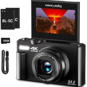 4K Digital Camera for Photography, 64MP Vlogging Camera for YouTube with 3" 180° Flip Screen, 18X Digital Zoom Point and Shoot Camara with 32GB Micro SD Card for Beginner (Black)