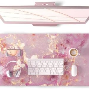 QIYI Large Mouse Pad, Cute Pink Desk Mat for Desktop, Women Girls PU Leather Desk Pad Waterproof Gaming Mousepad, Rose Gold Marble Computer Protector Writing Pad for School Office Home 31.5" x 15.7"