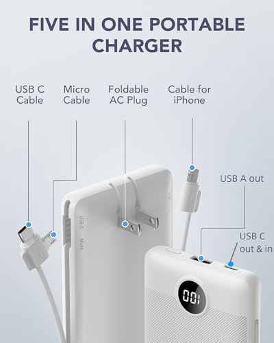 VRURC Portable Charger,Power Bank Built-in Cables and AC Wall Plug, USB C Portable Bank 10000mAh, Travel Essentials Phone Charger Compact External Battery Pack for Smart Phones, Tablets etc-White - Image 3