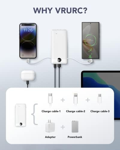 VRURC Portable Charger,Power Bank Built-in Cables and AC Wall Plug, USB C Portable Bank 10000mAh, Travel Essentials Phone Charger Compact External Battery Pack for Smart Phones, Tablets etc-White - Image 4