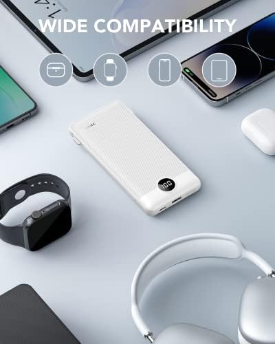 VRURC Portable Charger,Power Bank Built-in Cables and AC Wall Plug, USB C Portable Bank 10000mAh, Travel Essentials Phone Charger Compact External Battery Pack for Smart Phones, Tablets etc-White - Image 6